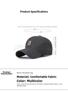 Detailed size chart for breathable mesh baseball cap with adjustable strap and leather logo