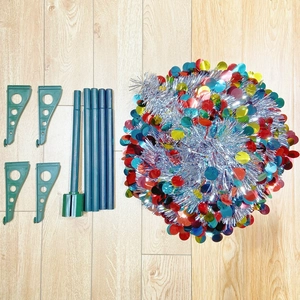 Detailed parts display of a DIY telescopic sequin Christmas tree with support poles and stand