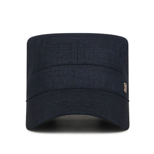 Navy blue flat top cadet hat with metal logo and premium twill fabric texture