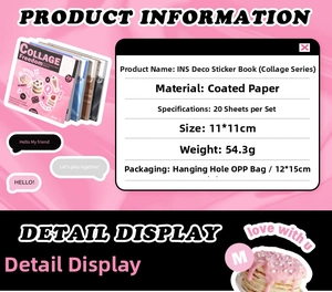 Detail showing 20 sheets of retro INS deco stickers with dimensions and material specs