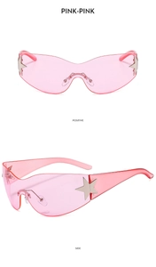 Detailed views of pink Y2K pilot sunglasses with translucent frame and star decor