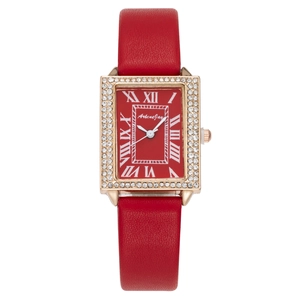 Montre carrée élégante en cuir rouge pour femme avec boîtier doré serti de strass