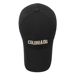 Black cotton baseball cap with Colorado embroidery and extended brim for sun protection