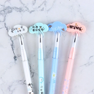 Close-up of four colorful cartoon pencils with cloud-shaped tops and Chinese character prints
