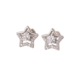 Silver star stud earrings with sparkling cubic zirconia on a clean white background