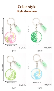 Detailed size specifications for tropical flower and leaf acrylic keychains with tassels
