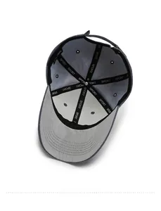 Internal detail of grey baseball cap featuring breathable cotton fabric and sport logo strap
