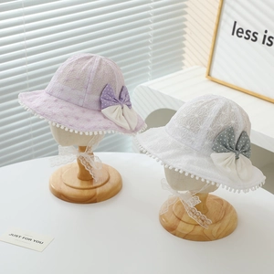 Lace baby sun hats in purple and white with polka dot bows and floral embroidery