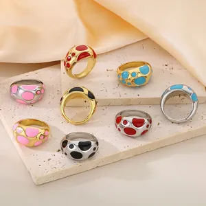 Stainless Steel Chunky Ring 18K Gold Plated Enamel Polka Dot Pop Art Retro Geometric Wide Band Jewelry For Women
