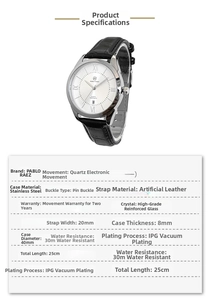 Detailed specs of quartz watch with 40mm silver case and 30m water resistance