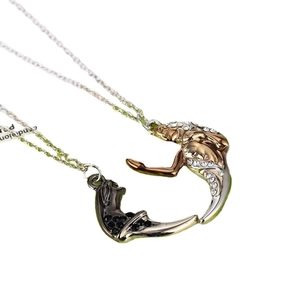 Matching mermaid curve necklaces for couples with gold and black crystal pendants