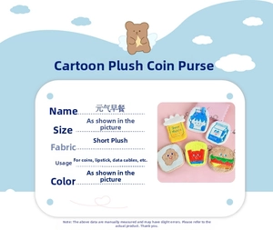 Macro detail of plush breakfast-themed pouches showing soft texture and keychain clips