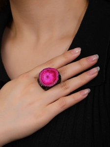 Adjustable wide band ring with bright pink crystal sunflower design in bronze plating