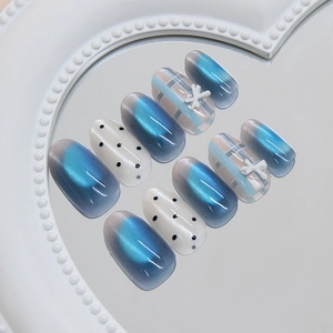 Blue Cat Eye Press On Nails Oval Plaid Polka Dot Pattern With 3D Bow Accent Synthetic Resin For Women