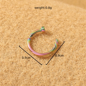 Detail view of rainbow C-shaped nose ring with 0.9cm diameter and 0.8g weight specs