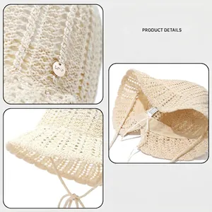 Breathable cream hollow-knit bucket hat with wide brim and Love pendant for women