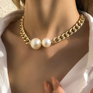 Thick Alloy Cuban Chain Necklace With Large Faux Artificial Pearls Vintage Minimalist Choker For Women