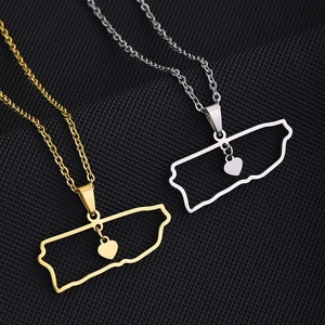 Puerto Rico Map Pendant Necklace Stainless Steel Hollow Heart Charm Minimalist Fashion Jewelry For Men Women