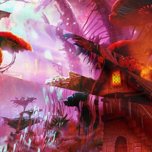 Macro shot of colorful mushroom forest tapestry with vibrant dreamlike fantasy artwork
