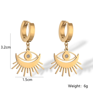 Detailed view of hollow devil eye earrings in gold finish with size and weight specs
