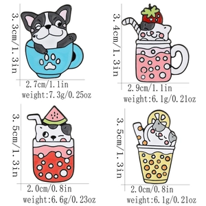 Cute enamel pins featuring cats and dogs in cups with detailed size and weight specs