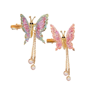 Pink butterfly hair clips with moving wings and pearl tassels for girls