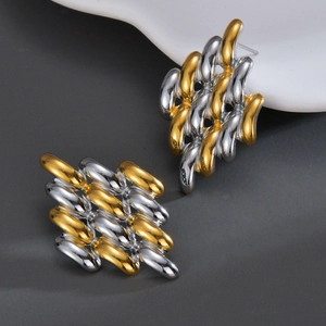 Modern wavy woven design stainless steel earrings with dual-tone gold and silver mirror finish