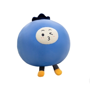 Cute blueberry plush toy with expressive face and soft dangling legs on white background