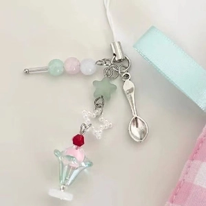 Cute Ice Cream Soda Phone Strap Keychain Acrylic Beads Resin Charms Aesthetic Kawaii Hanging Accessory For Women Girls