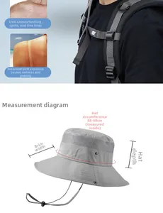 Detail view of grey wide brim sun hat with mesh vents and measurement size guide