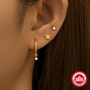 925 sterling silver gold earring set with star studs and zircon hoops on model