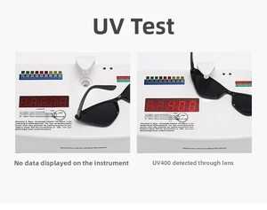 Test di protezione UV400 che mostra occhiali cat-eye neri che bloccano i raggi ultravioletti