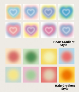 Detail view of 16 gradient sticky note patterns including Heart and Halo designs