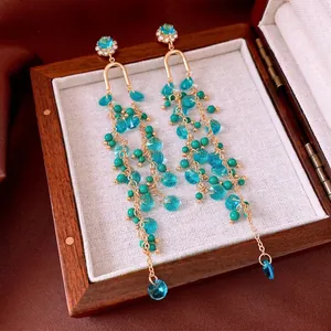 French court style silver needle tassel earrings with teal beads and blue crystals
