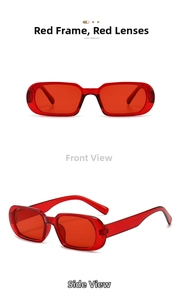 Detailed views of red translucent rectangular sunglasses in front and side angles