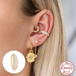 S925 sterling silver geometric hoop earrings with zircon pavé set in 18K gold finish