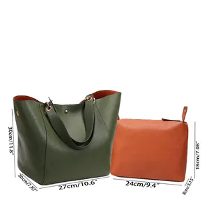 Detailed size specifications for large green tote bag and small orange handbag pouch