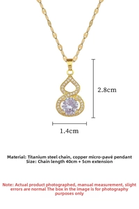 Detail view of gold gourd pendant with dimensions 2.8cm by 1.4cm on titanium steel chain