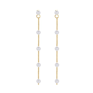Detail of elegant gold drop earrings with five cascading white pearls on a chain