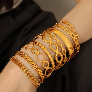 Vintage Stainless Steel Cuff Bracelets For Women Hollow Geometric C-Shape Adjustable Bangle Stacking Fashion Jewelry