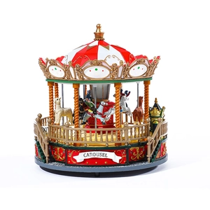 Christmas carousel music box in red and gold finish with colorful horses home decor
