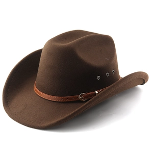 Classic brown felt western cowboy hat with leather buckle band and metal eyelets