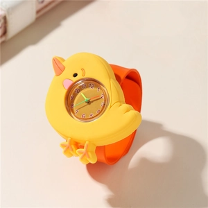 Cute yellow cartoon chick slap watch for kids featuring a bright orange silicone strap