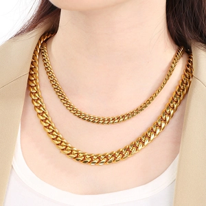 Double-layered golden Cuban link necklace for men and women in polished stainless steel