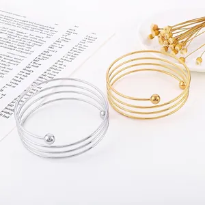 Stainless Steel Multi Layer Spiral Open Cuff Bangle For Women Minimalist Fashion Spring Wire Bracelet With Ball Ends