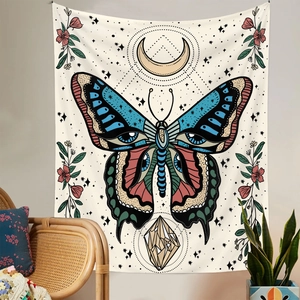 Bohemian butterfly tapestry with celestial moon and floral motifs hanging on a home wall