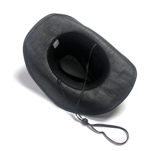 Detail view of black straw cowboy hat featuring adjustable wind cord and interior sweatband