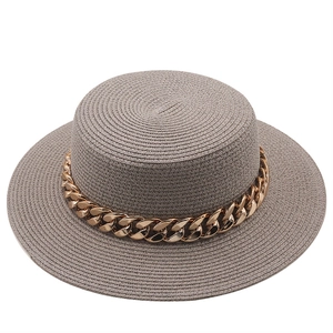 Flat top straw boater hat with gold chain decoration for beach sun protection