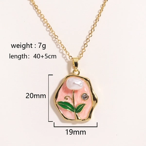 Detailed view of enamel flower pendant with pearl and size specifications on white background