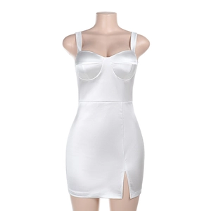 Detail of white satin dress featuring a thigh slit and elegant pleated bust design